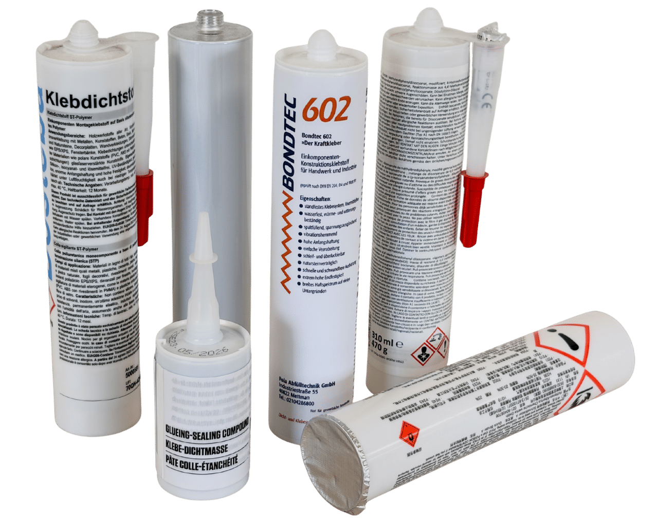 Kartuschen die durch die Fola abgefüllt werden können. 310 ml Kartusche, 290 ml Dickwandkartusche, Kurze Kartusche, versiegeln und Düse montiert. Lohnabfüllung durch Fola Abfülltechnik.